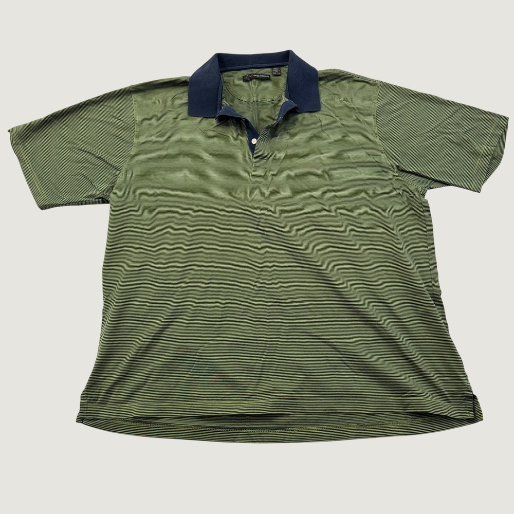 Greg Norman Polo Shirt Mens XXL Green Navy Fine Striped Cotton Short Sleeve